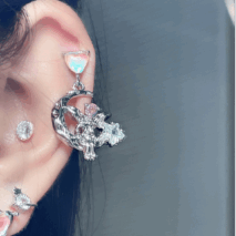 Dainty CZ Inlaid Heart Dangling Moon Star Elf Earrings - ArtGalleryZen