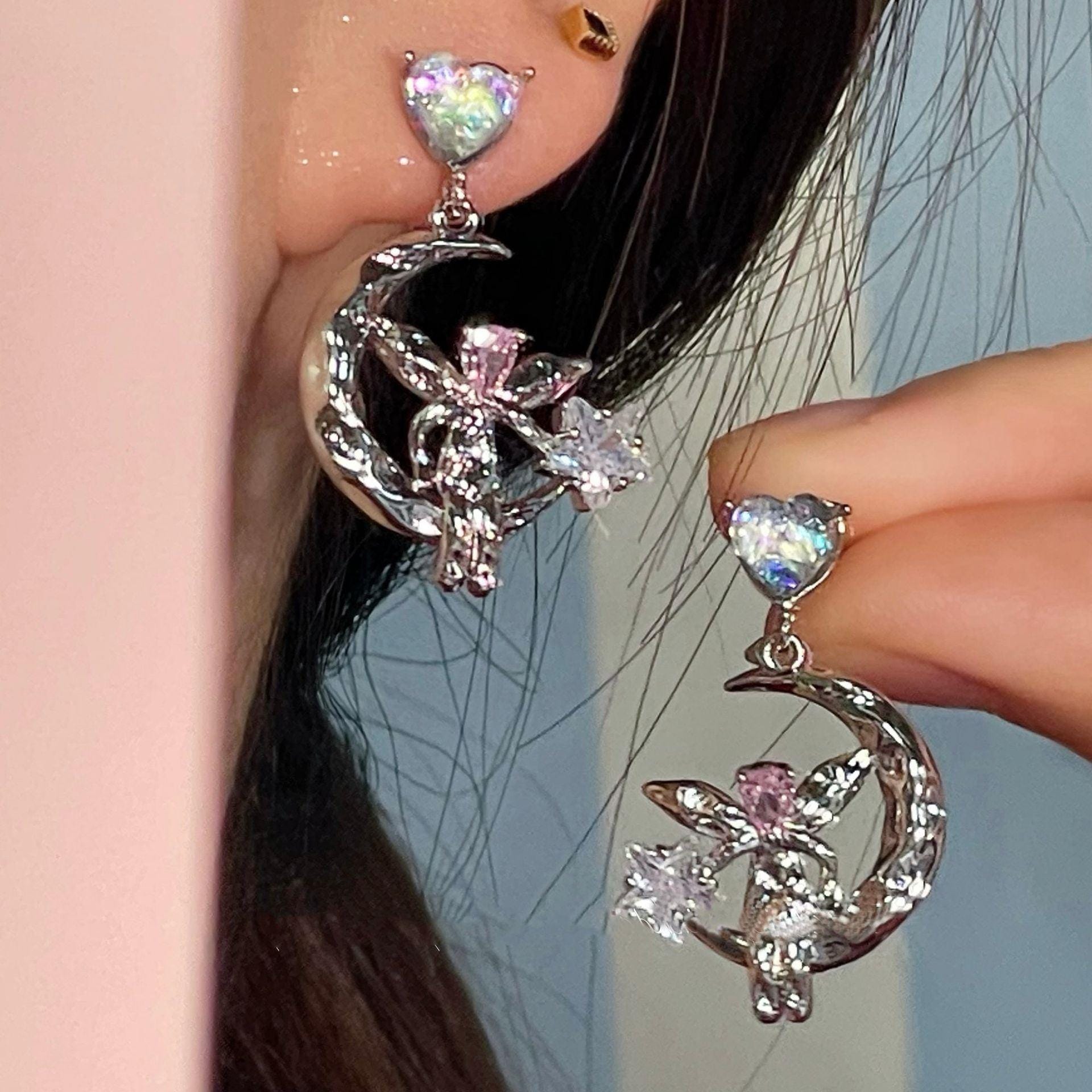 Dainty CZ Inlaid Heart Dangling Moon Star Elf Earrings - ArtGalleryZen