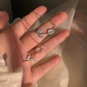 Dainty CZ Inlaid Natural Opal Tulip Chain Necklace - ArtGalleryZen