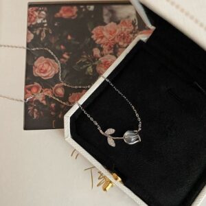 Dainty CZ Inlaid Natural Opal Tulip Chain Necklace - ArtGalleryZen