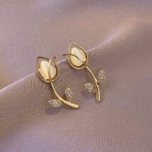 Dainty CZ Inlaid Natural Opal Tulip Earrings - ArtGalleryZen
