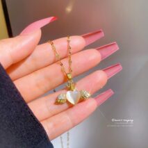 Dainty CZ Inlaid Opal Crown Heart Wings Necklace - ArtGalleryZen