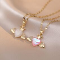 Dainty CZ Inlaid Opal Crown Heart Wings Necklace - ArtGalleryZen