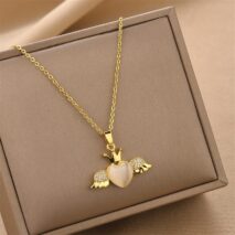 Dainty CZ Inlaid Opal Crown Heart Wings Necklace - ArtGalleryZen