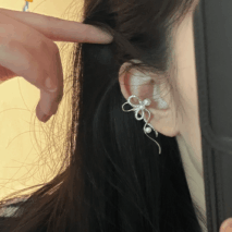 Dainty CZ Inlaid Pearl Charm Ribbon Ear Cuff Earrings - ArtGalleryZen