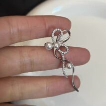 Dainty CZ Inlaid Pearl Charm Ribbon Ear Cuff Earrings - ArtGalleryZen