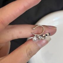 Dainty CZ Inlaid Pearl Charm Ribbon Ear Cuff Earrings - ArtGalleryZen