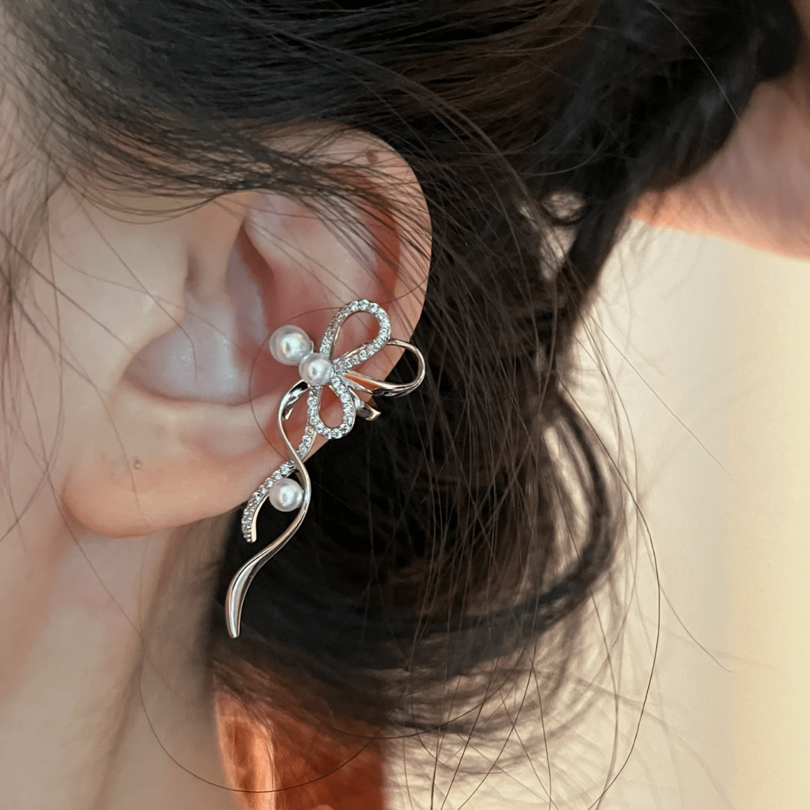 Dainty CZ Inlaid Pearl Charm Ribbon Ear Cuff Earrings - ArtGalleryZen