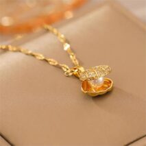 Dainty CZ Inlaid Pearl Shell Pendant Chain Necklace - ArtGalleryZen