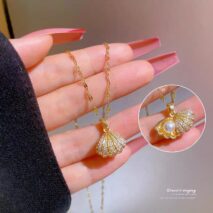Dainty CZ Inlaid Pearl Shell Pendant Chain Necklace - ArtGalleryZen