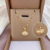 Dainty CZ Inlaid Pearl Shell Pendant Chain Necklace - ArtGalleryZen