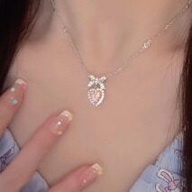 Dainty CZ Inlaid Pink Crystal Bowknot Heart Necklace - ArtGalleryZen