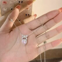 Dainty CZ Inlaid Pink Crystal Bowknot Heart Necklace - ArtGalleryZen
