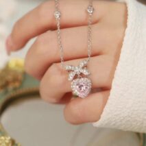 Dainty CZ Inlaid Pink Crystal Bowknot Heart Necklace - ArtGalleryZen