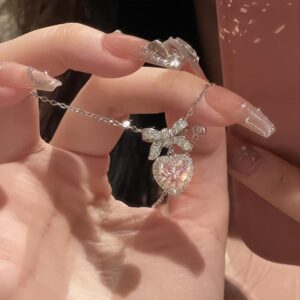 Dainty CZ Inlaid Pink Crystal Bowknot Heart Necklace - ArtGalleryZen