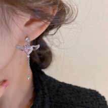Dainty CZ Inlaid Pink Crystal Cupid Heart Wings Earrings - ArtGalleryZen