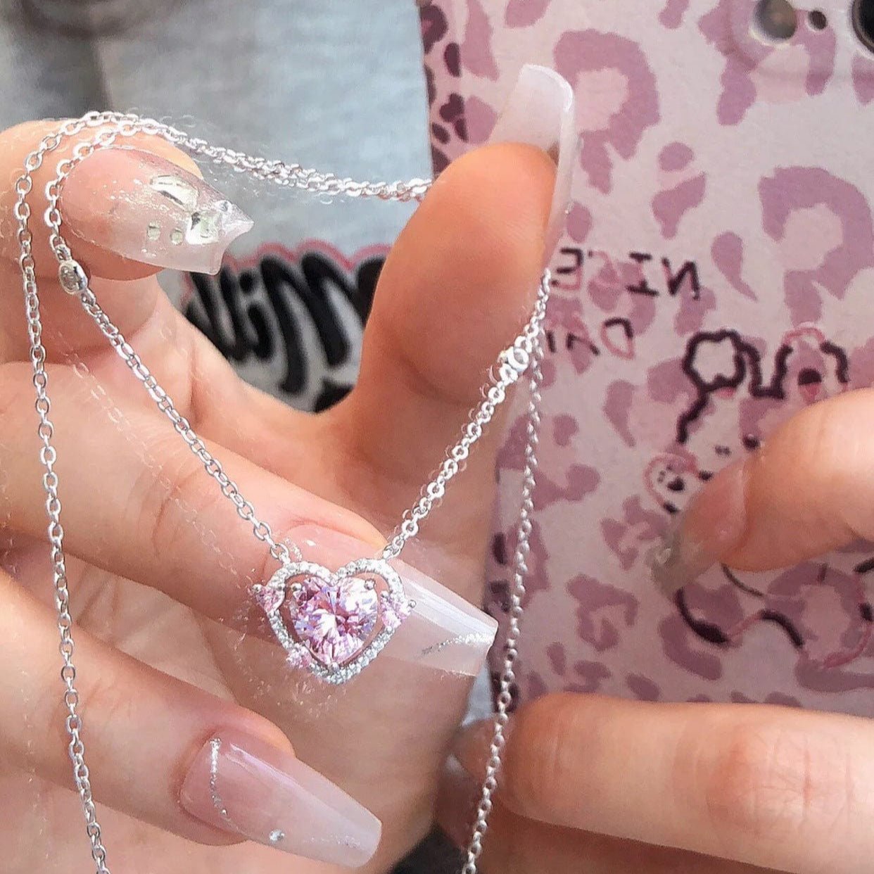 Dainty CZ Inlaid Pink Crystal Heart Necklace - ArtGalleryZen