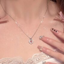 Dainty CZ Inlaid Pink Crystal Rolling Heart Pendant Necklace - ArtGalleryZen