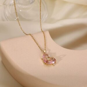 Dainty Gold Silver Tone Bowknot Heart CZ Pendant Necklace - ArtGalleryZen
