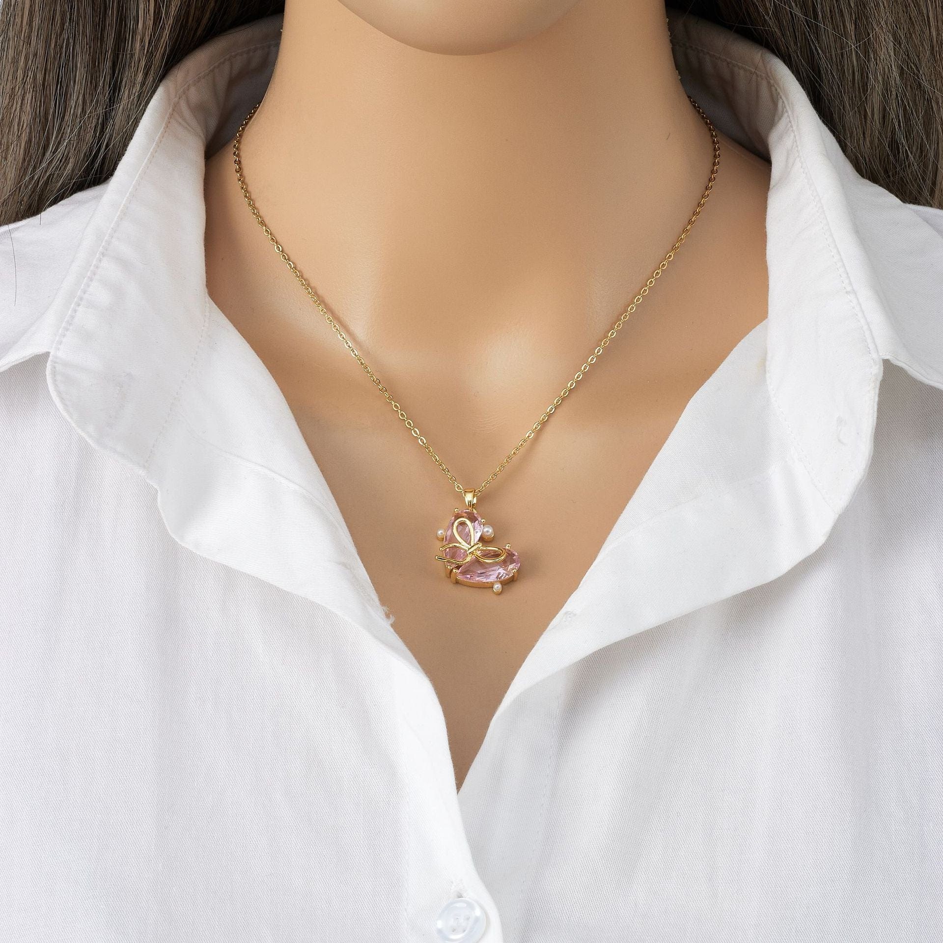 Dainty Gold Silver Tone Bowknot Heart CZ Pendant Necklace - ArtGalleryZen