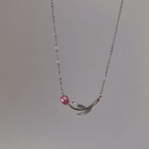 Dainty Handmade Enamel Pink Tulip Chain Necklace - ArtGalleryZen