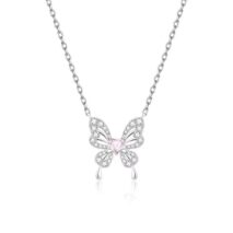 Dainty Heart CZ Inlaid Butterfly Pendant Cable Chain Necklace - ArtGalleryZen