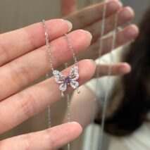 Dainty Heart CZ Inlaid Butterfly Pendant Cable Chain Necklace - ArtGalleryZen