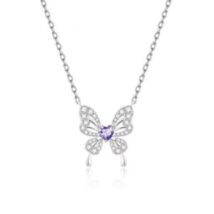 Dainty Heart CZ Inlaid Butterfly Pendant Cable Chain Necklace - ArtGalleryZen
