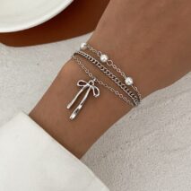 Dainty Layered Bowknot Pendant Pearl Curb Chain Bracelet - ArtGalleryZen