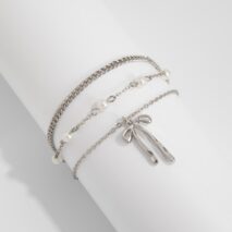 Dainty Layered Bowknot Pendant Pearl Curb Chain Bracelet - ArtGalleryZen