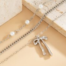 Dainty Layered Bowknot Pendant Pearl Curb Chain Bracelet - ArtGalleryZen