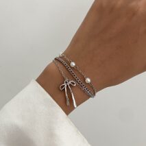 Dainty Layered Bowknot Pendant Pearl Curb Chain Bracelet - ArtGalleryZen
