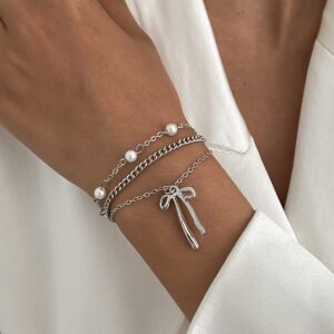 Dainty Layered Bowknot Pendant Pearl Curb Chain Bracelet - ArtGalleryZen