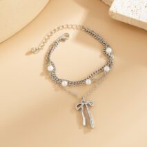 Dainty Layered Bowknot Pendant Pearl Curb Chain Bracelet - ArtGalleryZen