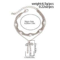Dainty Layered Bowknot Pendant Pearl Curb Chain Bracelet - ArtGalleryZen
