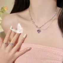 Dainty Layered CZ Inlaid Purple Crystal Heart Pendant Star Chain Necklace - ArtGalleryZen