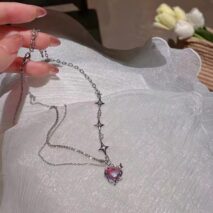 Dainty Layered CZ Inlaid Purple Crystal Heart Pendant Star Chain Necklace - ArtGalleryZen