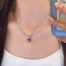 Dainty Layered CZ Inlaid Purple Crystal Heart Pendant Star Chain Necklace - ArtGalleryZen