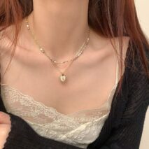 Dainty Layered Floral Heart Pendant Pearl Chain Choker Necklace Set - ArtGalleryZen