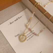 Dainty Layered Floral Heart Pendant Pearl Chain Choker Necklace Set - ArtGalleryZen