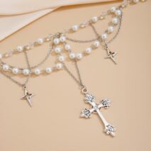 Dainty Layered Star Cross Pendant Pearl Crystal Chain Necklace - ArtGalleryZen