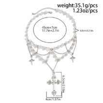 Dainty Layered Star Cross Pendant Pearl Crystal Chain Necklace - ArtGalleryZen