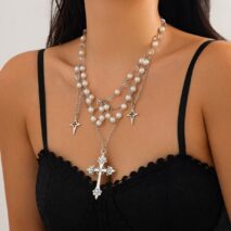 Dainty Layered Star Cross Pendant Pearl Crystal Chain Necklace - ArtGalleryZen