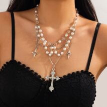 Dainty Layered Star Cross Pendant Pearl Crystal Chain Necklace - ArtGalleryZen