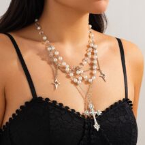 Dainty Layered Star Cross Pendant Pearl Crystal Chain Necklace - ArtGalleryZen