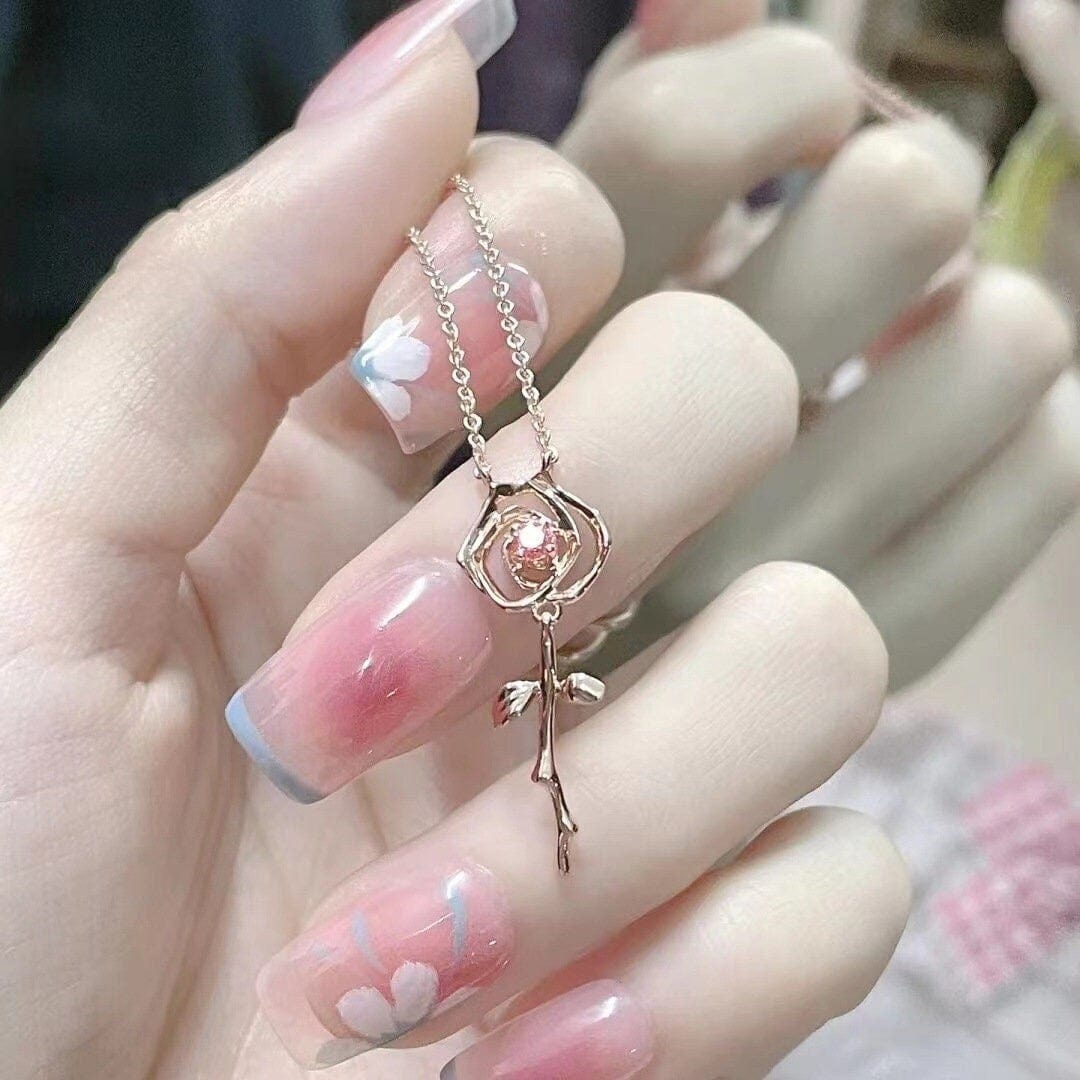 Dainty Pink Crystal English Rose Necklace - ArtGalleryZen