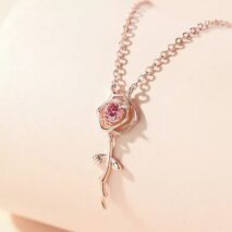 Dainty Pink Crystal English Rose Necklace - ArtGalleryZen