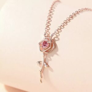 Dainty Pink Crystal English Rose Necklace - ArtGalleryZen