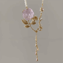 Dainty Pink Crystal Rose Charm Fritillaria Beaded Chain Y Choker Necklace - ArtGalleryZen