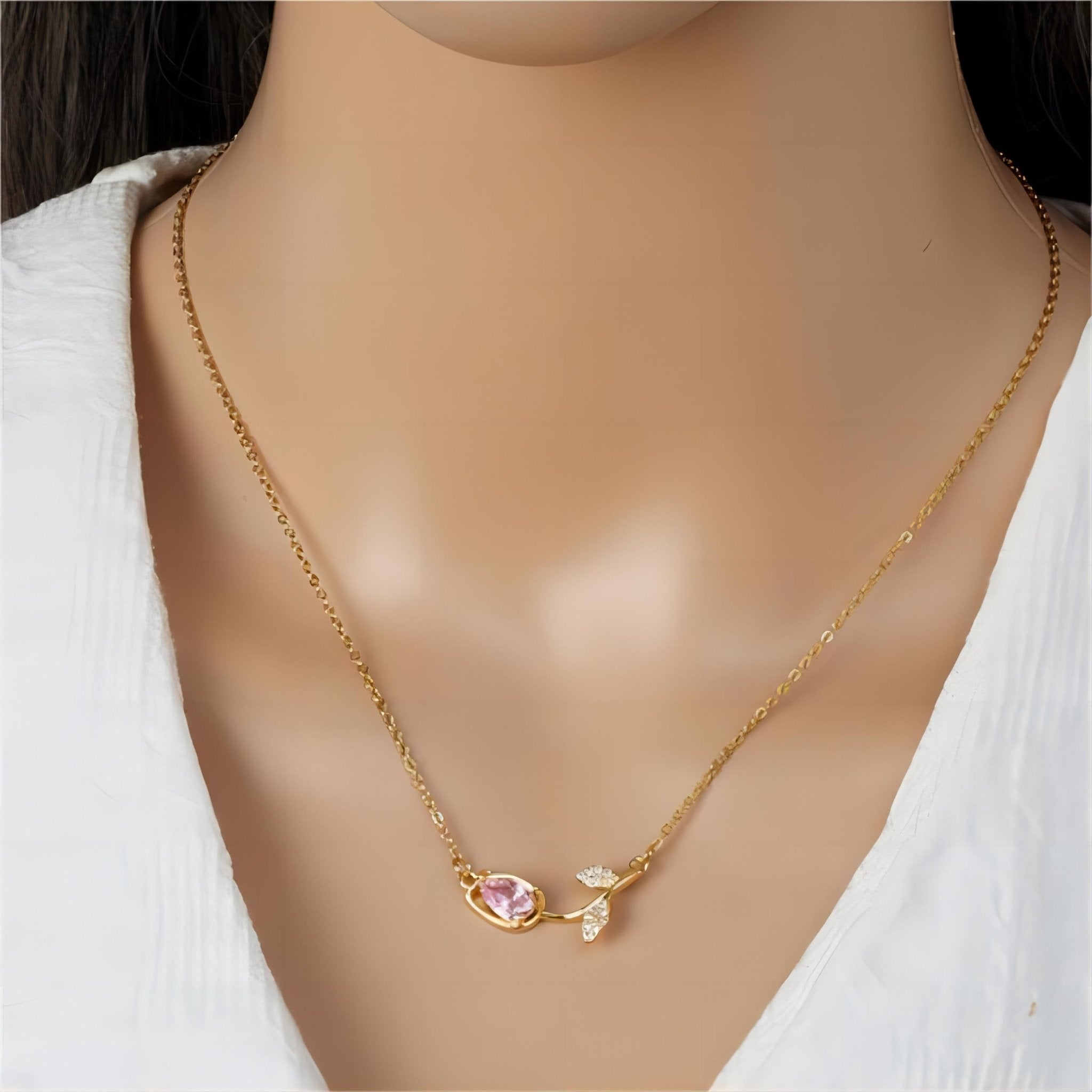 Dainty Pink Crystal Tulip Chain Necklace - ArtGalleryZen